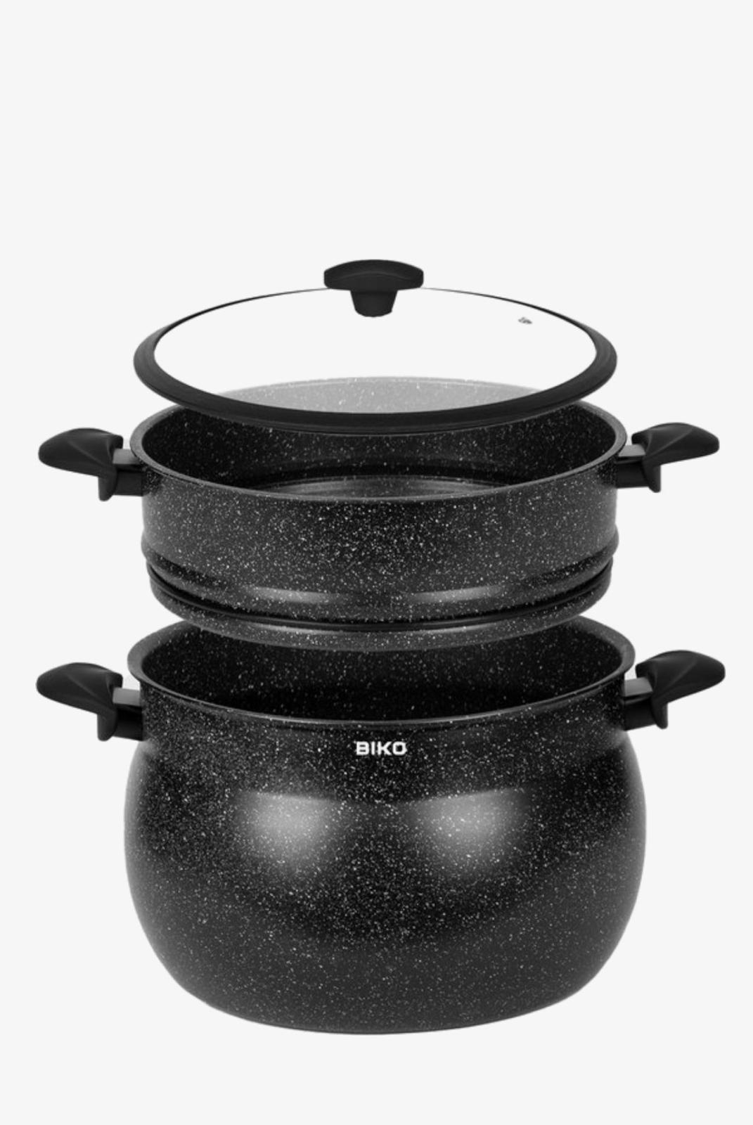 BIKO 12L  3-in-1 Stoompan – Luxe Couscous Pan met Glazen Deksel  – Marmeren Coating & Geschikt voor Alle Warmtebronnen